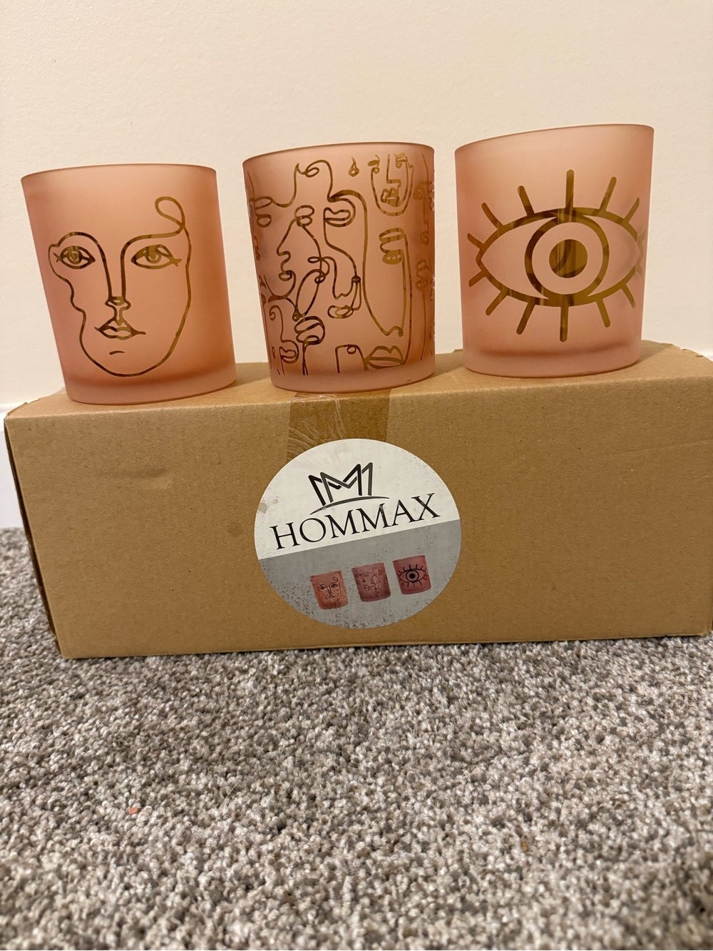 HOMMAX 3 Frosted Pink Glass Candle Holder Gold Line Art Face Eye Decor NIB